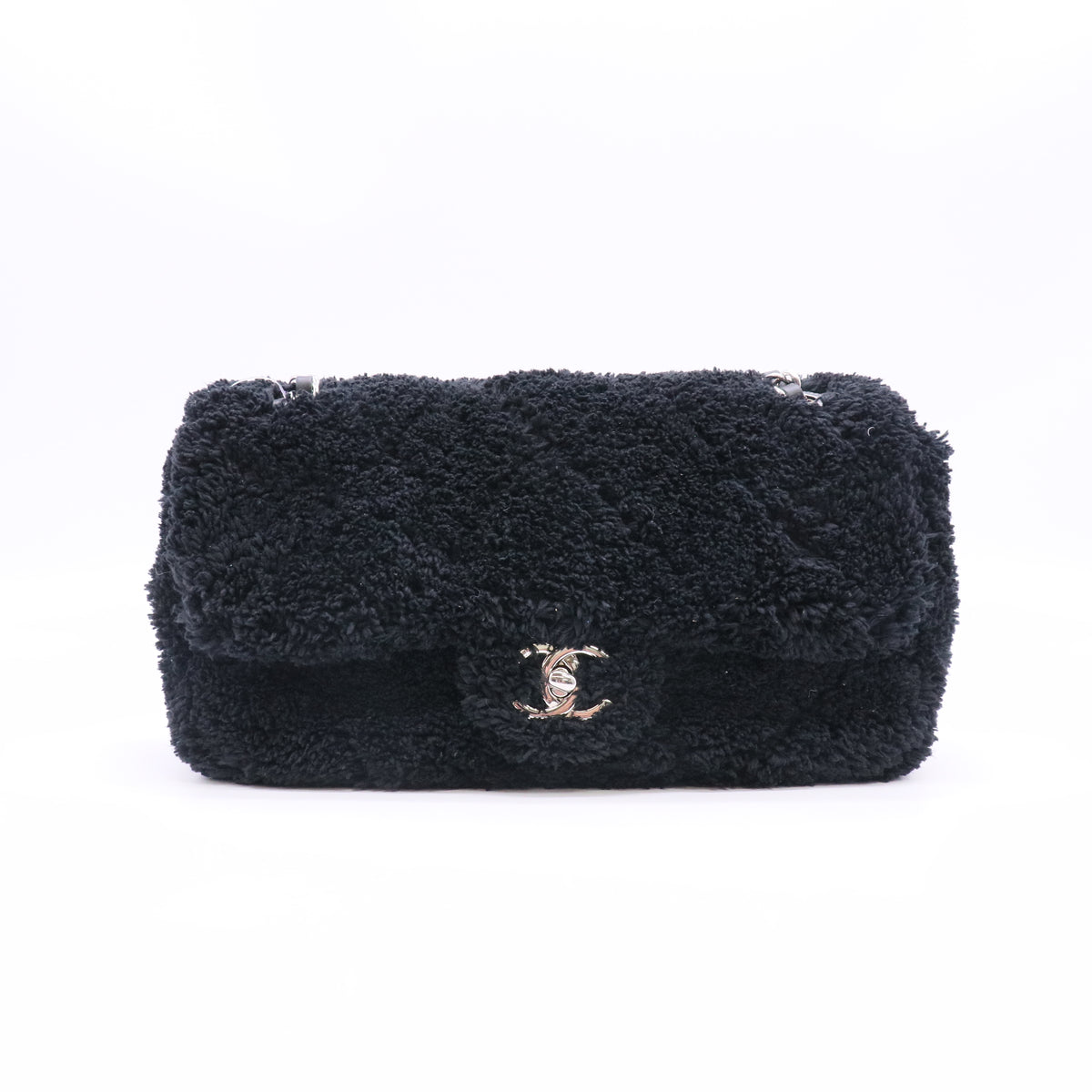 Chanel Medium Classic Double Flap Bag Black Shearling Silver Hardware twins LDJ6602