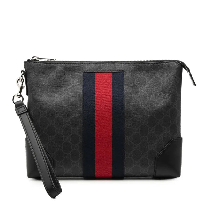 Gucci Soft GG Supreme Monogram Appia Calfskin Web East West Clutch Black Grey twins W23329