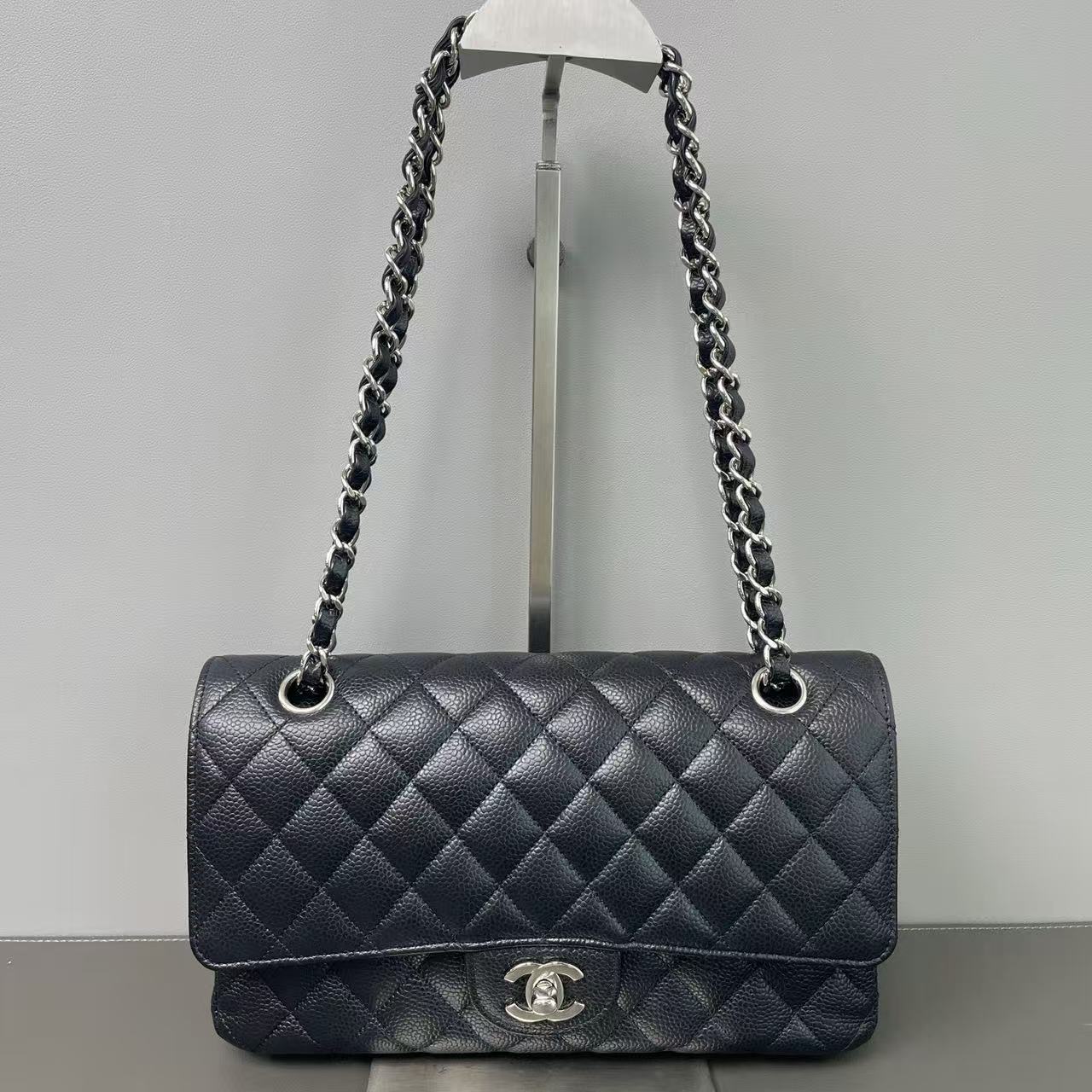 Chanel Vintage Classic Double Flap Bag Quilted Caviar Medium Twins LDJ3179