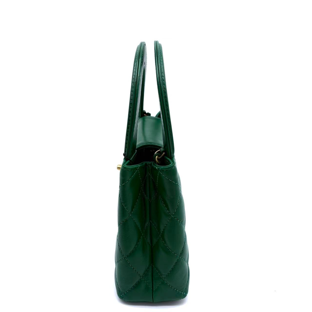 Shiny Aged Calfskin Quilted Nano Kelly Shopper Green