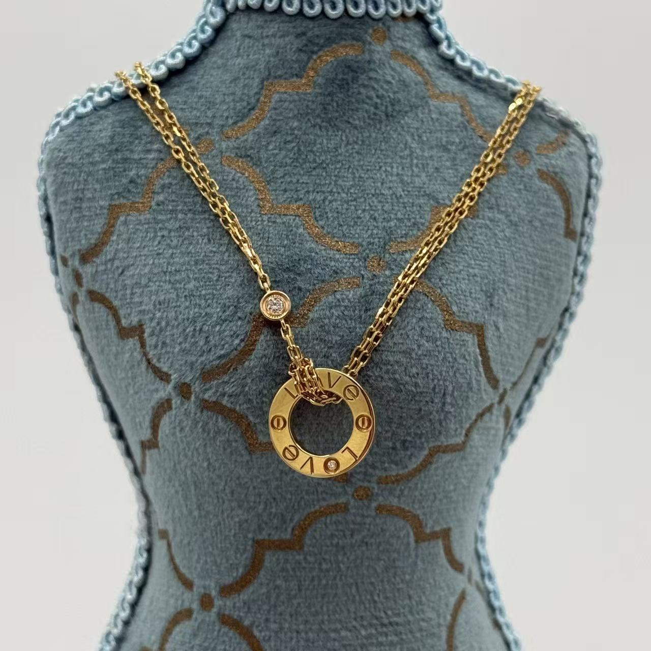 2 Diamonds Love Pendant Necklace 18K Yellow Gold and Diamonds