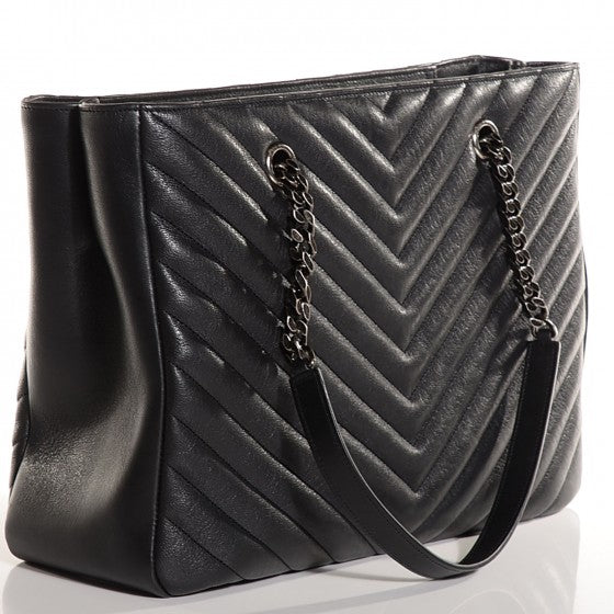 Sheepskin Classic Matelasse Chevron Large Monogram Shopping Bag Black twins