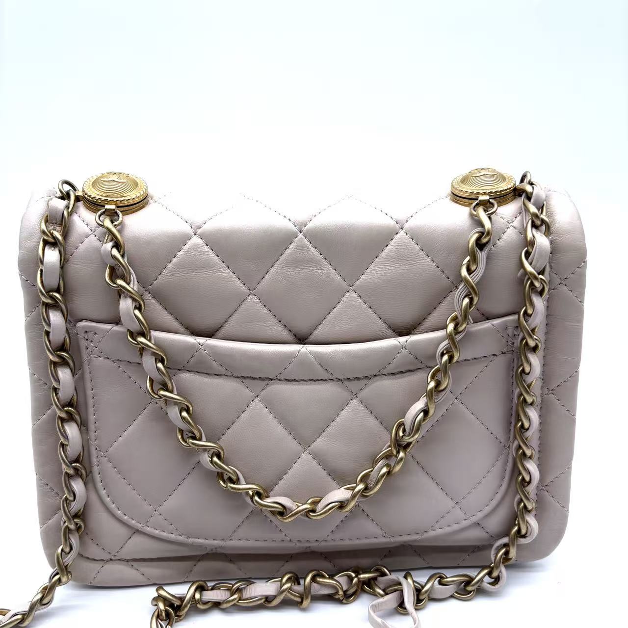 Mini Classic Flap White Caviar Leather Gold Coin Crossbody Bag