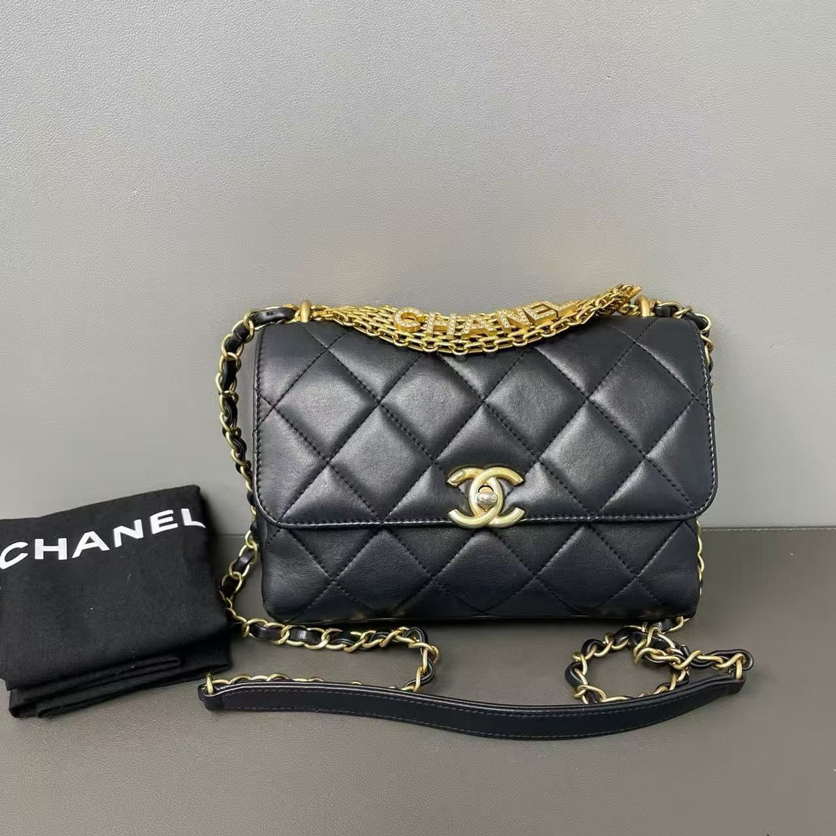 Chanel Crystal Logo Letters Chain Handle Flap Bag Quilted Lambskin Small twins LDZ1289