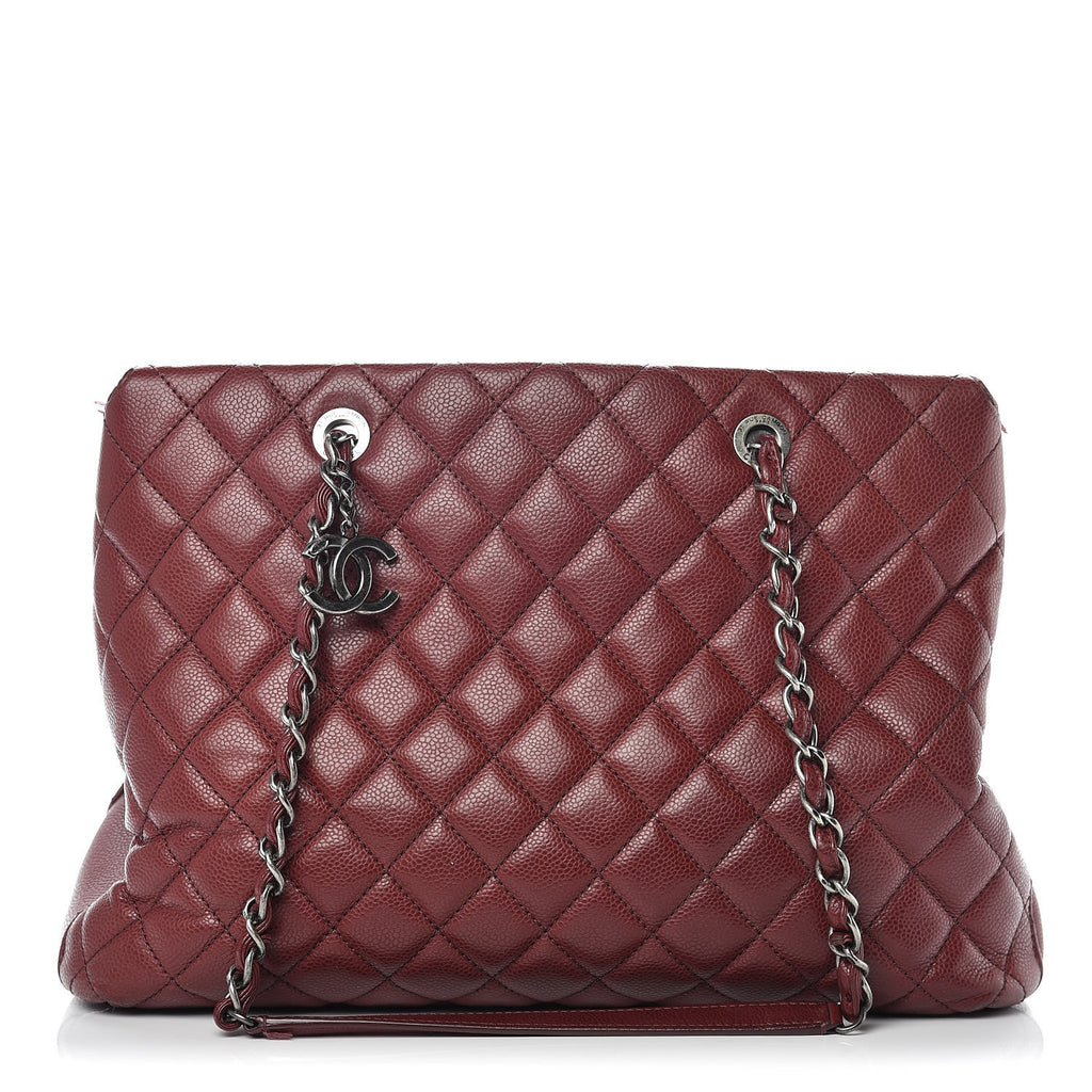 Caviar Quilted City Shopping Tote Dark Red Twins