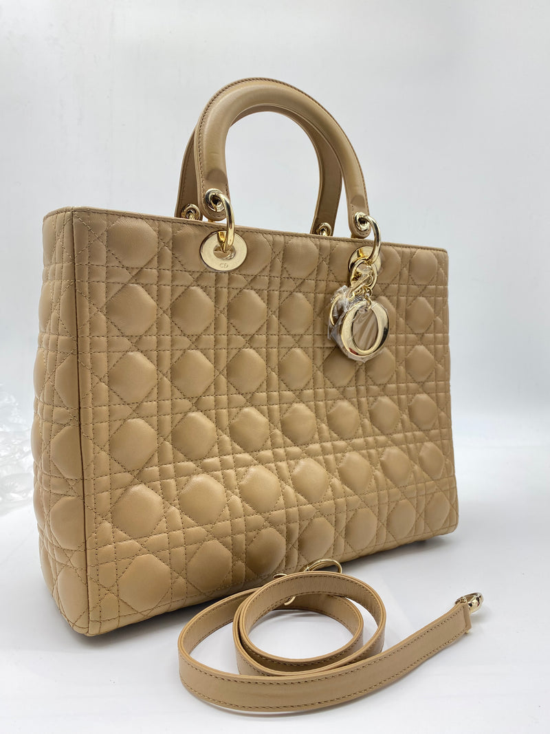 Christian Dior Lady Dior Bag Cannage Quilt Patent Large Beige