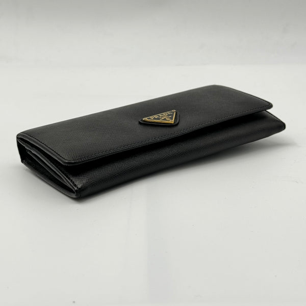 Saffiano Triangle Logo Continental Flap Travel Wallet Black