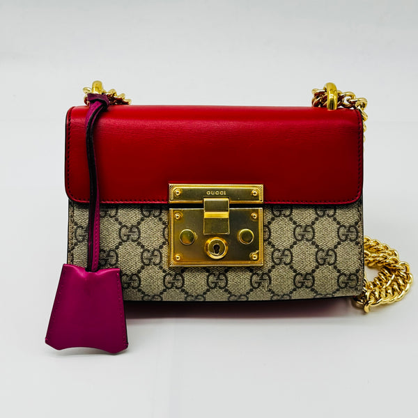 GG Supreme Monogram Calfskin Small Padlock Shoulder Bag Beige Hibiscus Red New Rosette