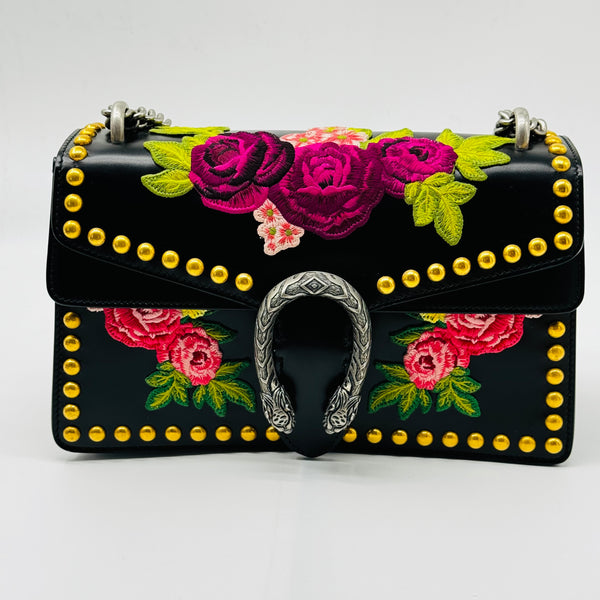 Calfskin Floral Embroidered Studded Small Dionysus Shoulder Bag Black