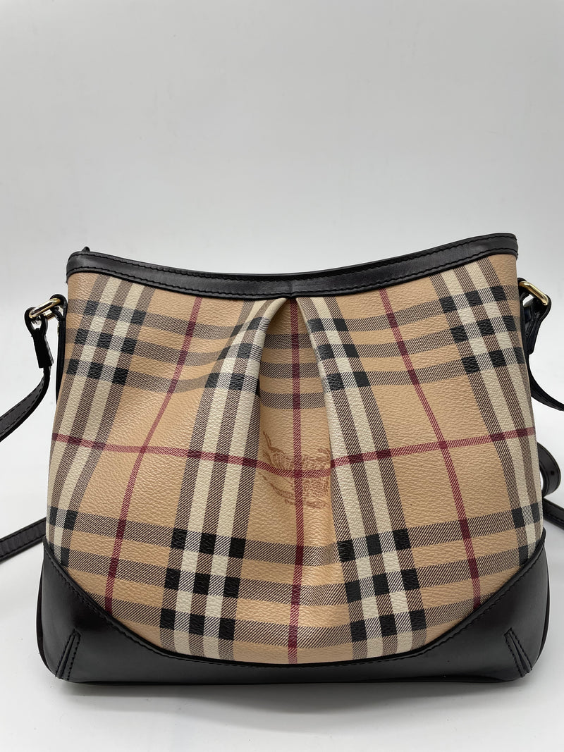 BURBERRY Chocolate Leather Haymarket Check Coated Canvas Extra Small Hartham Bag