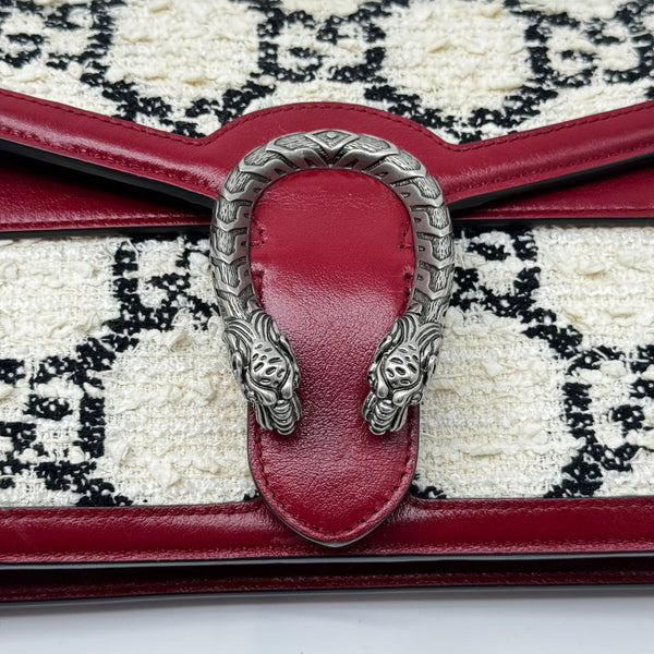 Gucci Tweed GG Monogram Small Dionysus Shoulder Bag White Black Romantic Cherry