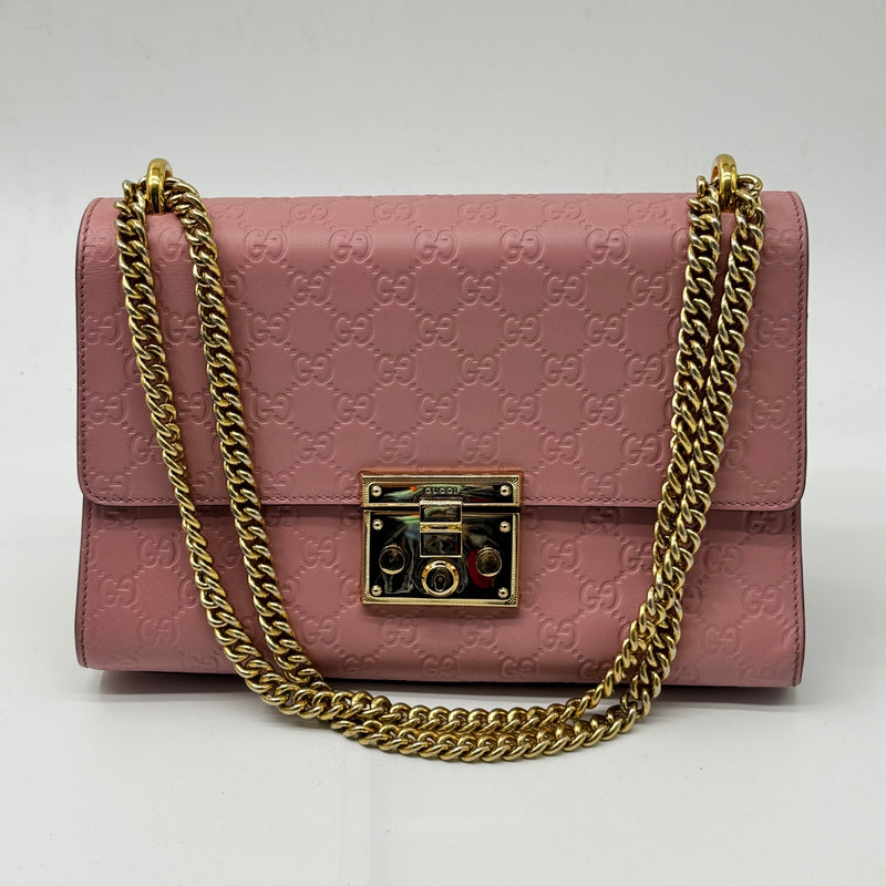 GUCCI Guccissima Signature Medium Padlock Shoulder Bag Rose Baby Candy