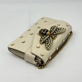 GUCCI Queen Margaret Embellished Bee pearl stud white flap crossbody bag