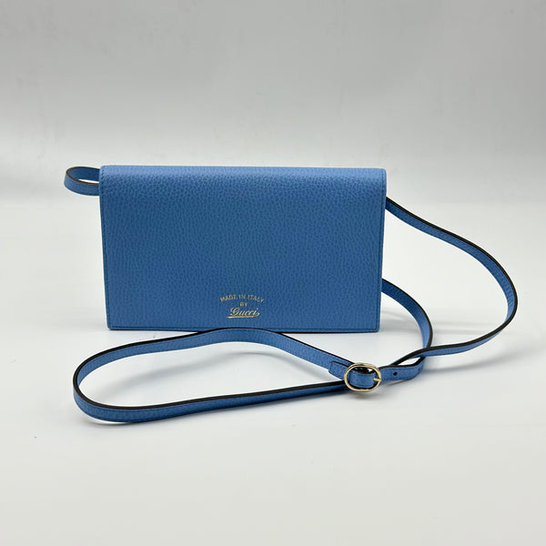 Gucci Dollar Calfskin Mini Swing WOC Wallet On Chain Bag Purse in Mineral Blue