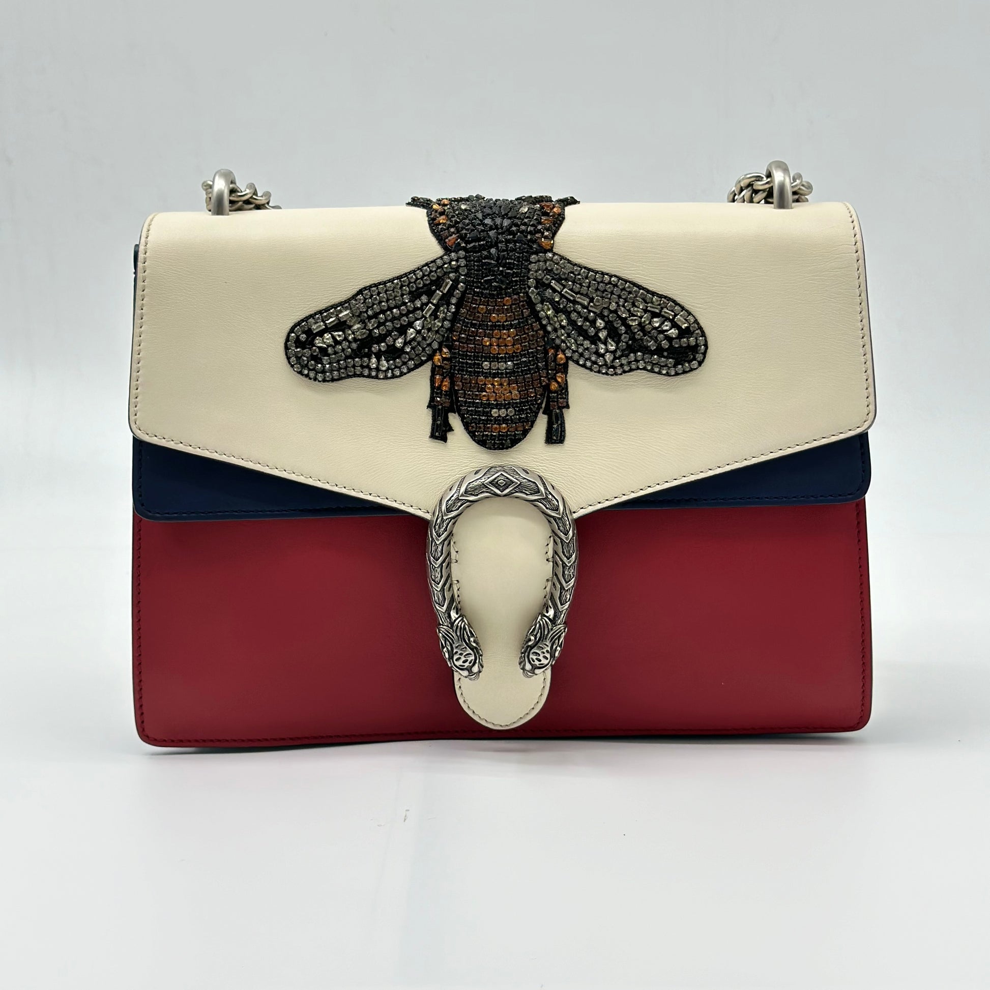 GUCCI Calfskin Bee Embroidered Medium Dionysus Shoulder Bag White Blue Hibiscus Red