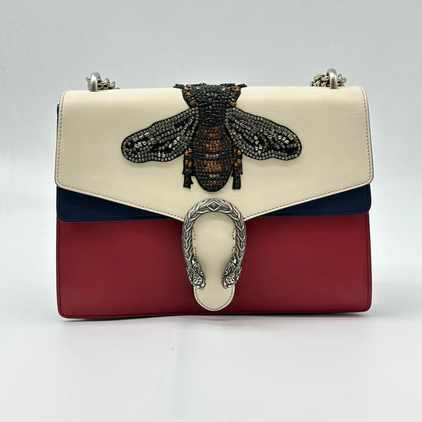 GUCCI Calfskin Bee Embroidered Medium Dionysus Shoulder Bag White Blue Hibiscus Red