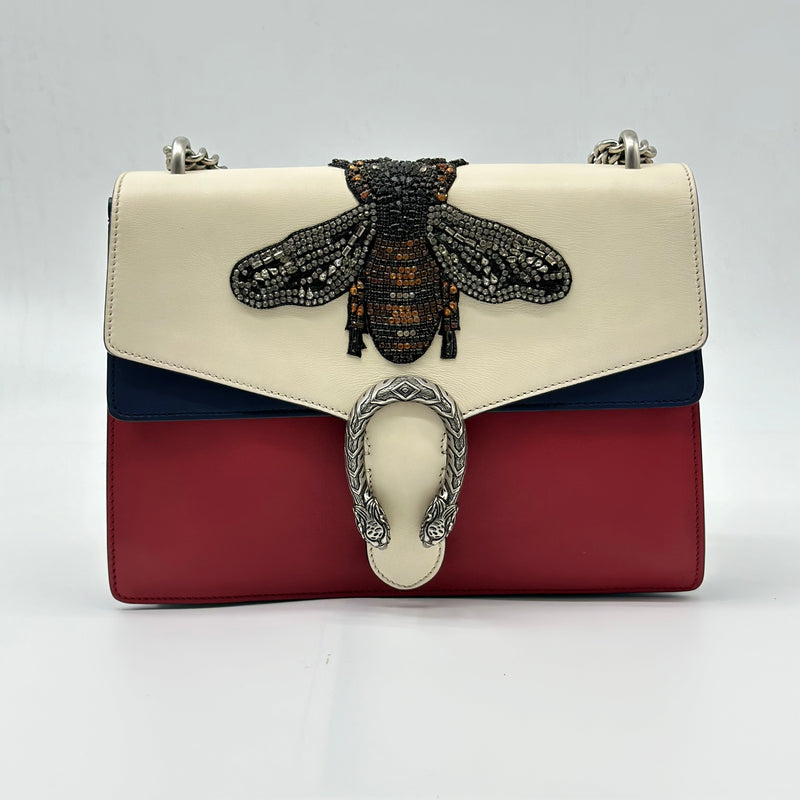 GUCCI Calfskin Bee Embroidered Medium Dionysus Shoulder Bag White Blue Hibiscus Red