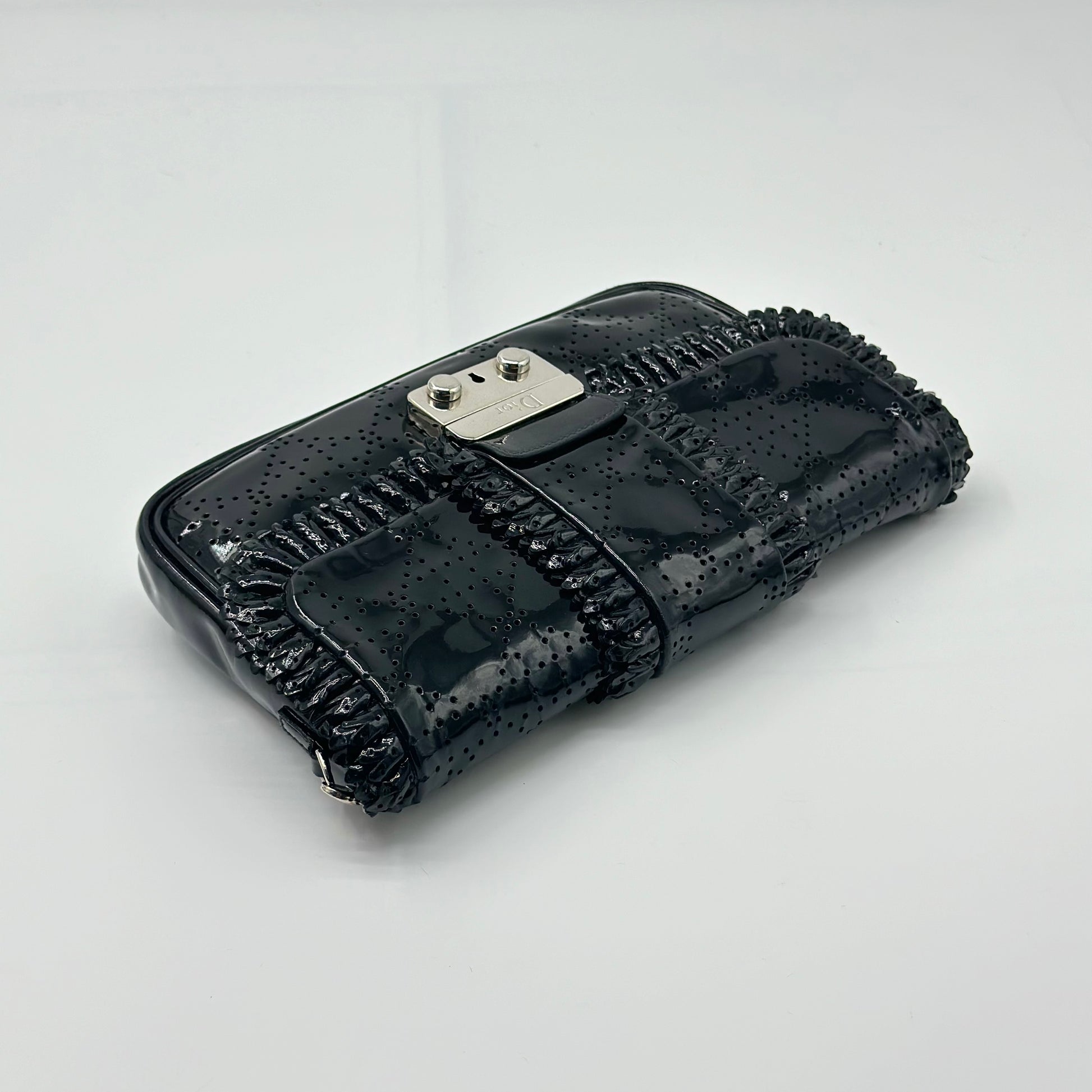 New Lock Ruffle Flap Pouch Perforated Patent Leather Mini