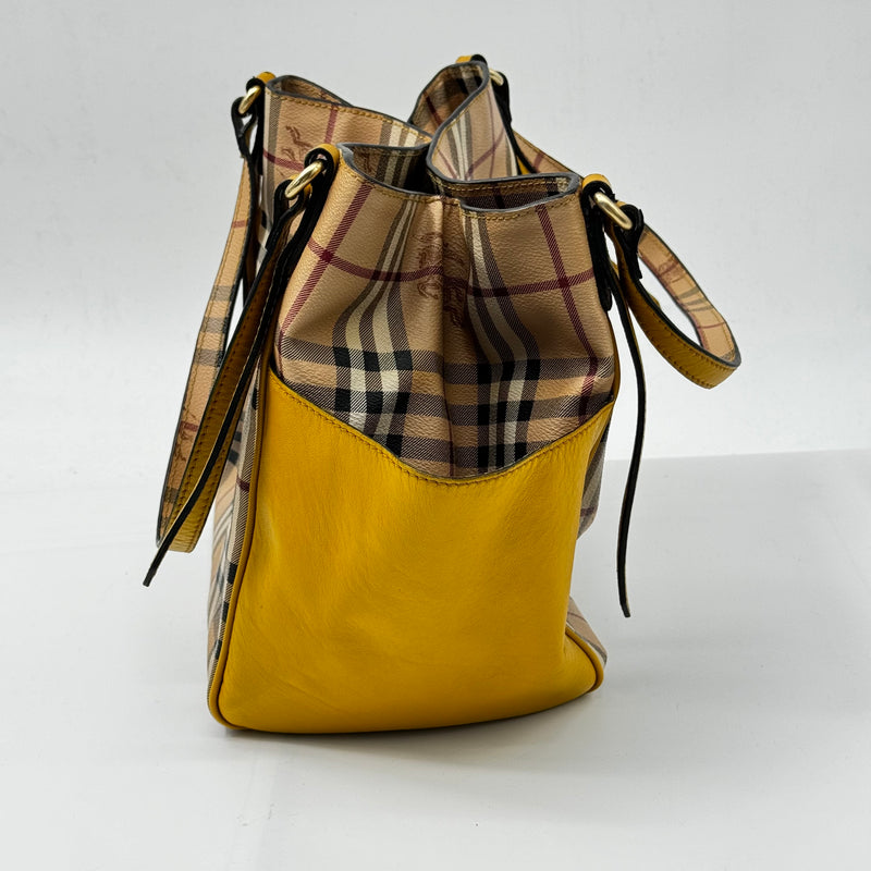 BURBERRY Haymarket Check Small Canterbury Tote Gold Freesia