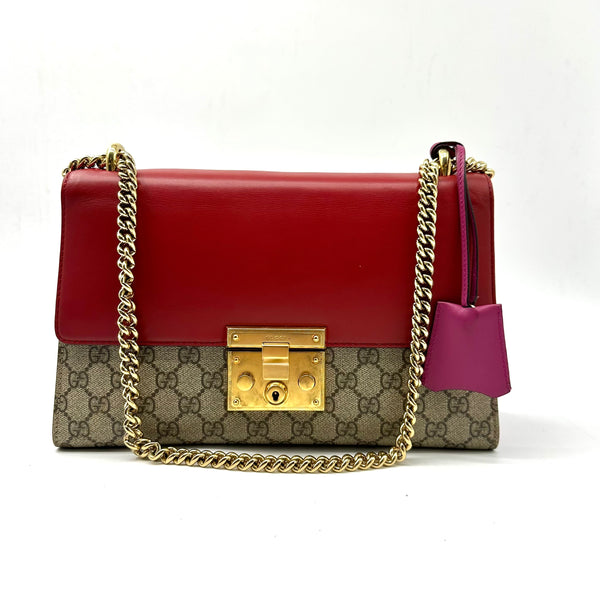 GUCCI  GG Supreme Monogram Calfskin Medium Padlock Shoulder Bag Beige Hibiscus Red New Rosette