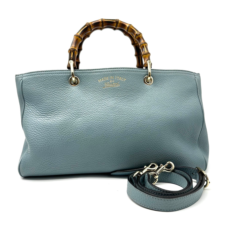 GUCCI  Pebbled Calfskin Medium Bamboo Shopper Tote Light Blue