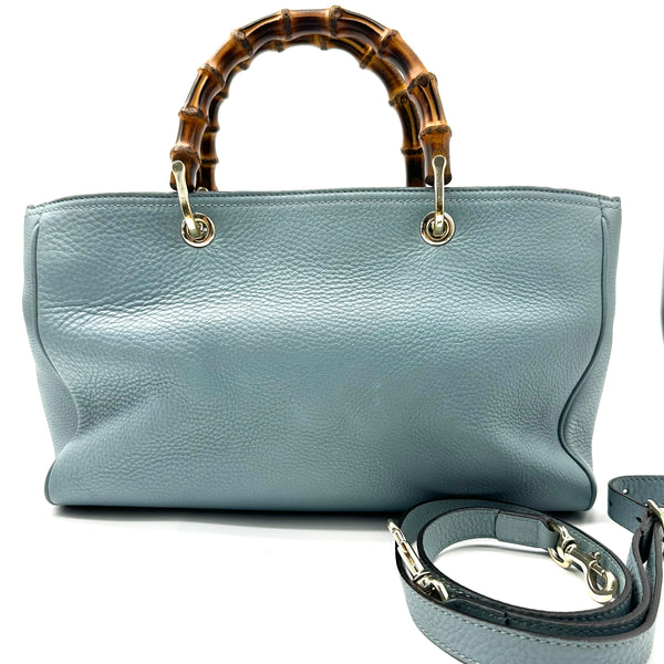 GUCCI  Pebbled Calfskin Medium Bamboo Shopper Tote Light Blue