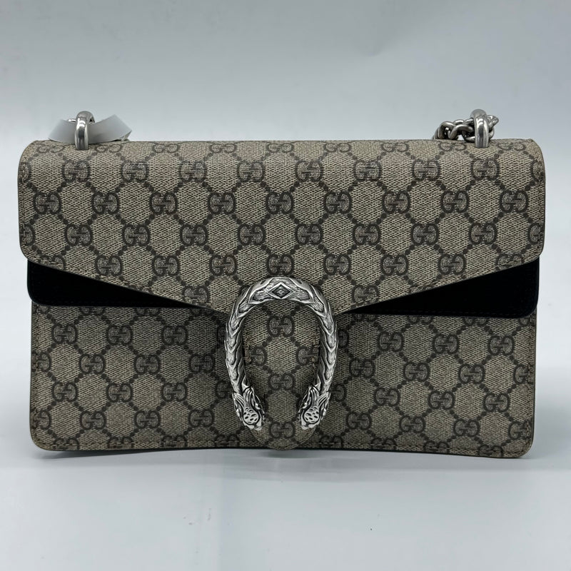 GUCCI  GG Supreme Monogram Suede Crystal Small Dionysus Shoulder Bag Beige Ebony Blac