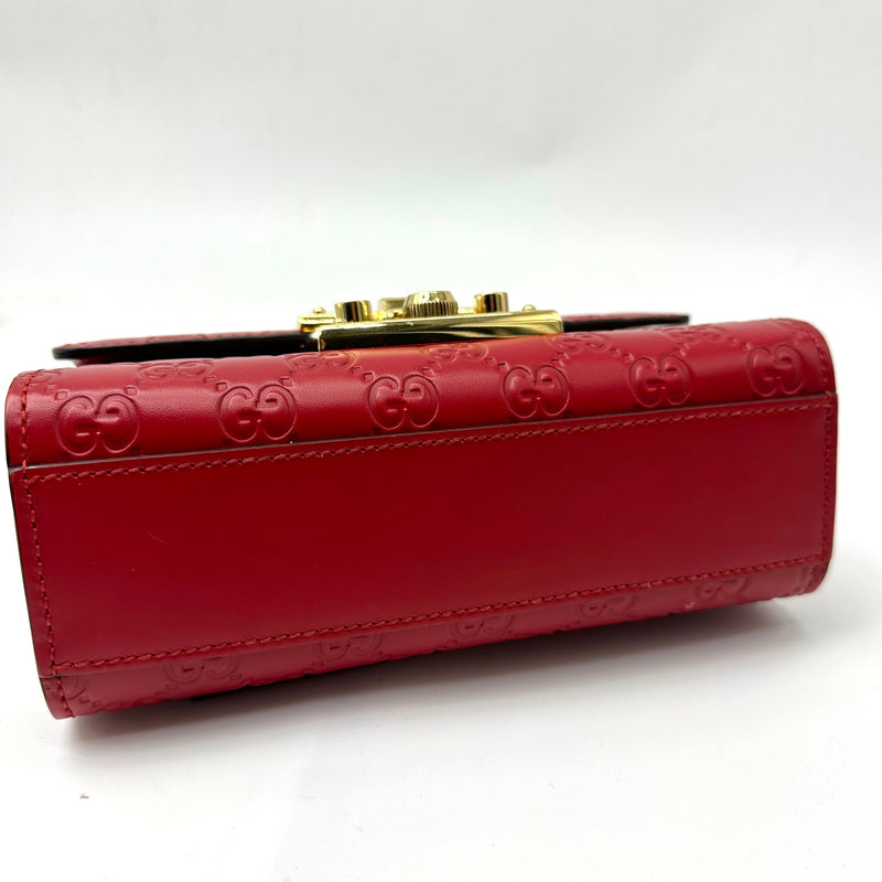 GUCCI  Guccissima Small Padlock Shoulder Bag Hibiscus Red