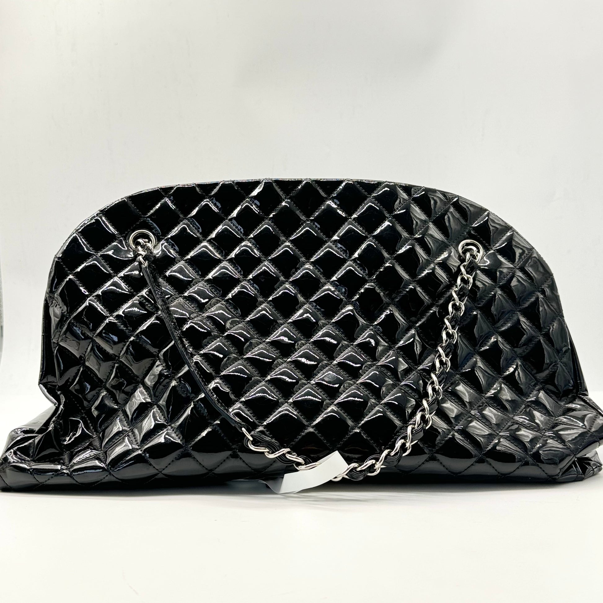 CHANEL Patent Quilted Maxi Just Mademoiselle Bowling Bag Black