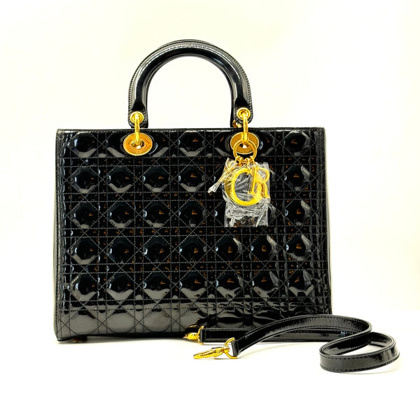 CHRISTIAN DIOR  Patent Cannage Medium Lady Dior Black