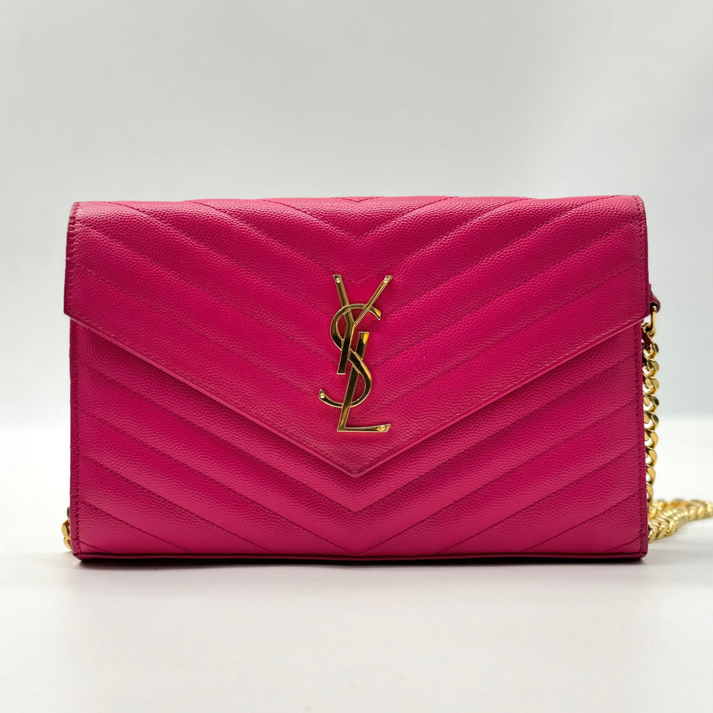 SAINT LAURENT Classic Cassandre Leather Chain Wallet Fuchsia