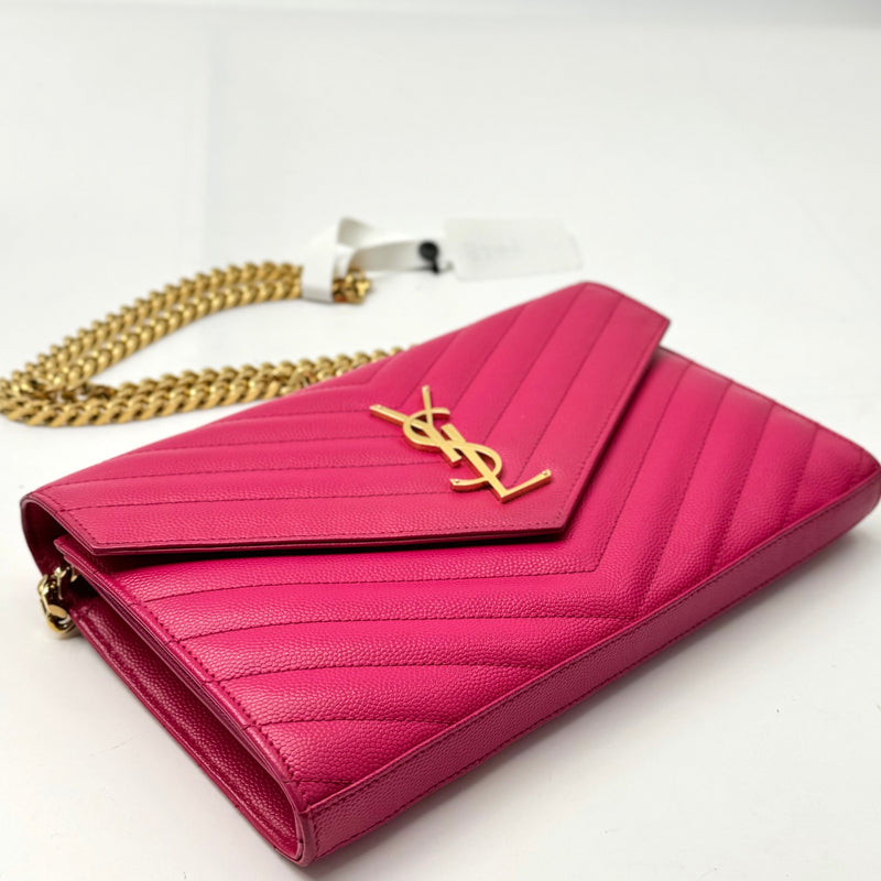 SAINT LAURENT Classic Cassandre Leather Chain Wallet Fuchsia