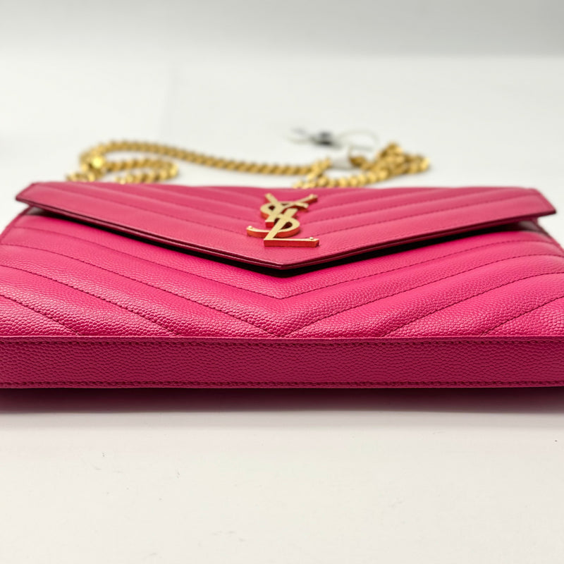 SAINT LAURENT Classic Cassandre Leather Chain Wallet Fuchsia