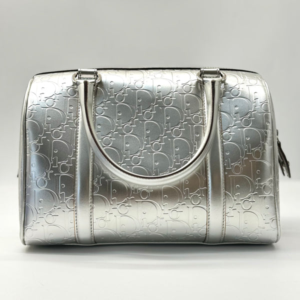 CHRISTIAN DIOR Silver Leather Logo Small Boston Bag