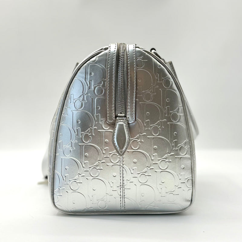 CHRISTIAN DIOR Silver Leather Logo Small Boston Bag