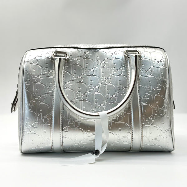 CHRISTIAN DIOR Silver Leather Logo Small Boston Bag