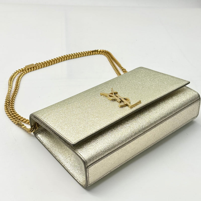 Saint Laurent  Metallic Calfskin Kate Monogram Tassel Chain Wallet Gold