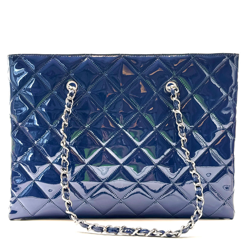 CHANEL Accordion Shopping Tote Navy Blue Patent