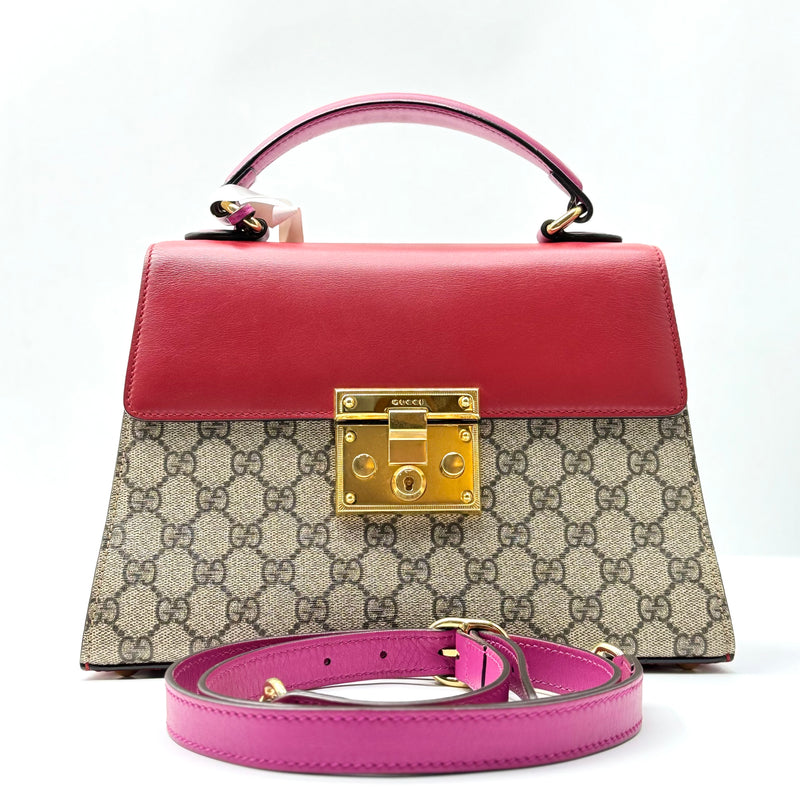 GG Supreme Monogram Calfskin Small Padlock Top Handle Bag Beige Hibiscus Red New Rosette