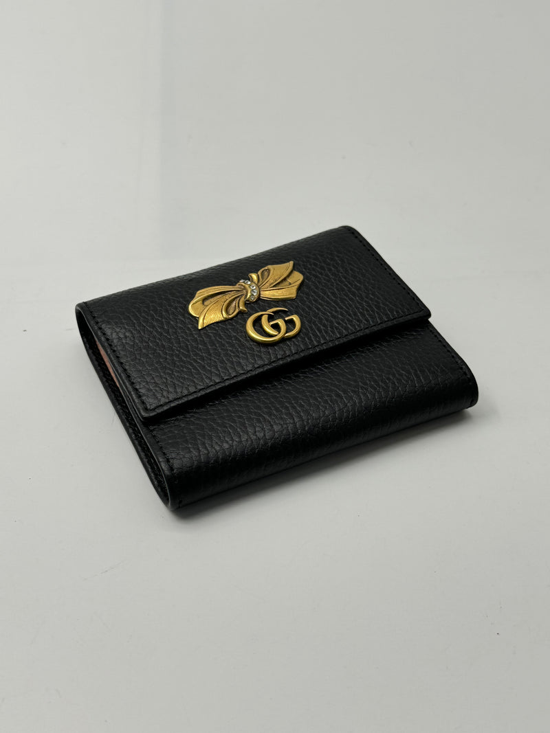 GUCCI BLACK LEATHER BUTTERFLY ANIMALIER COMPACT WALLET