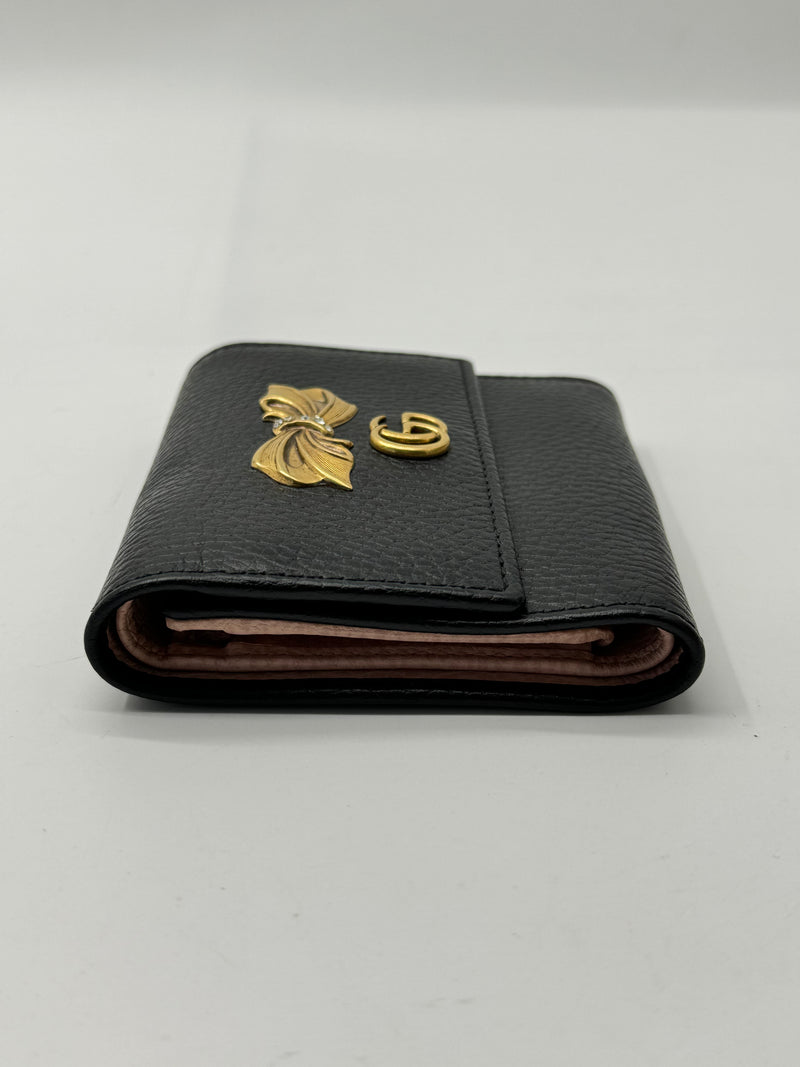 GUCCI BLACK LEATHER BUTTERFLY ANIMALIER COMPACT WALLET