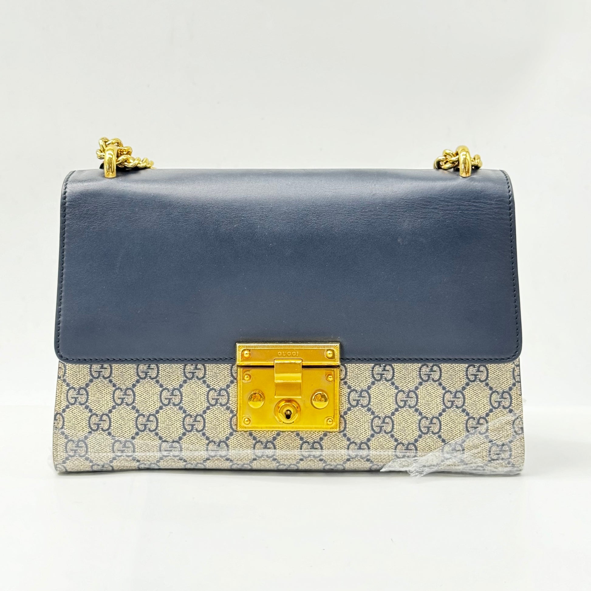 GUCCI  GG Supreme Monogram Calfskin Medium Padlock Shoulder Bag Beige Blue Mystic White Hibiscus Red
