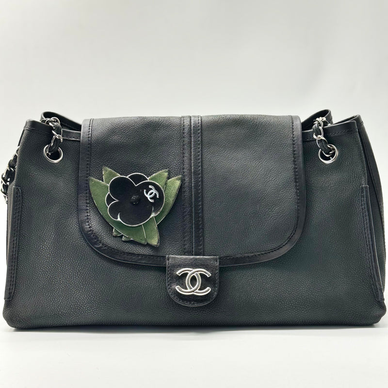 Chanel Vintage Black Nubuck Leather Shoulder Handbag With Camellia Feature