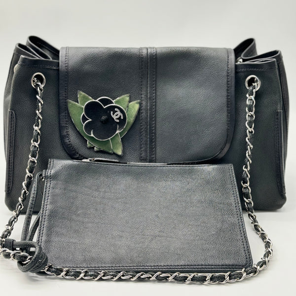 Chanel Vintage Black Nubuck Leather Shoulder Handbag With Camellia Feature