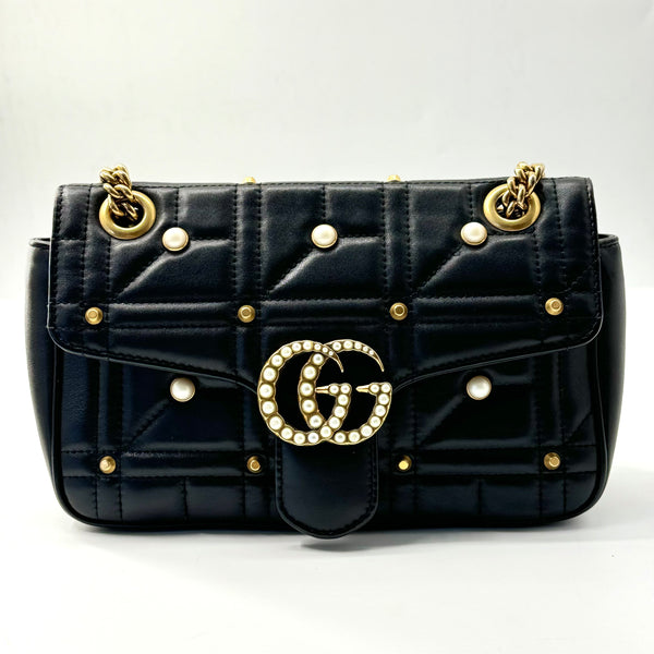 GUCCI Calfskin Matelasse Studded Small Pearly GG Marmont Shoulder Bag Black