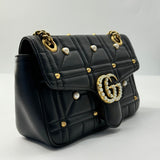 GUCCI Calfskin Matelasse Studded Small Pearly GG Marmont Shoulder Bag Black