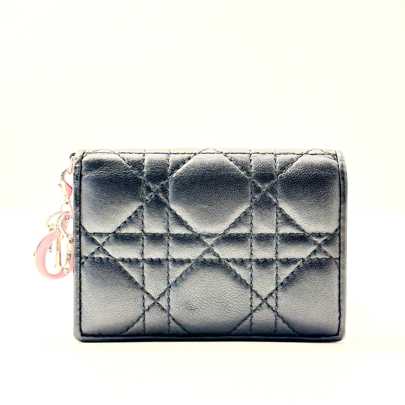 CHRISTIAN DIOR  Lambskin Cannage Bi-Color Small Lady Dior Flap Card Holder Black Pink