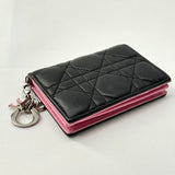 CHRISTIAN DIOR  Lambskin Cannage Bi-Color Small Lady Dior Flap Card Holder Black Pink