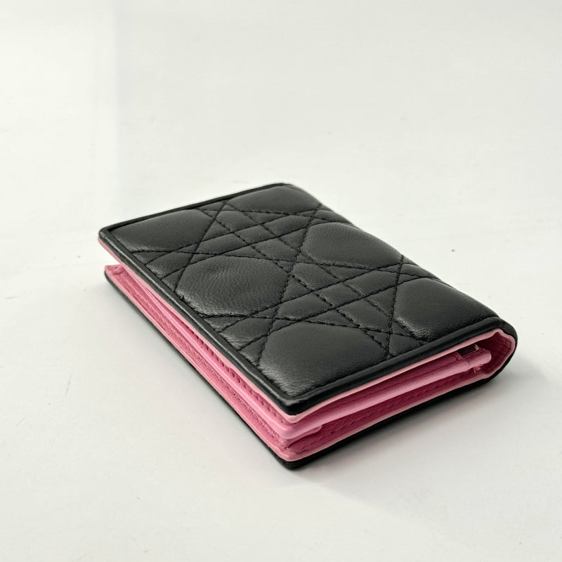 CHRISTIAN DIOR  Lambskin Cannage Bi-Color Small Lady Dior Flap Card Holder Black Pink