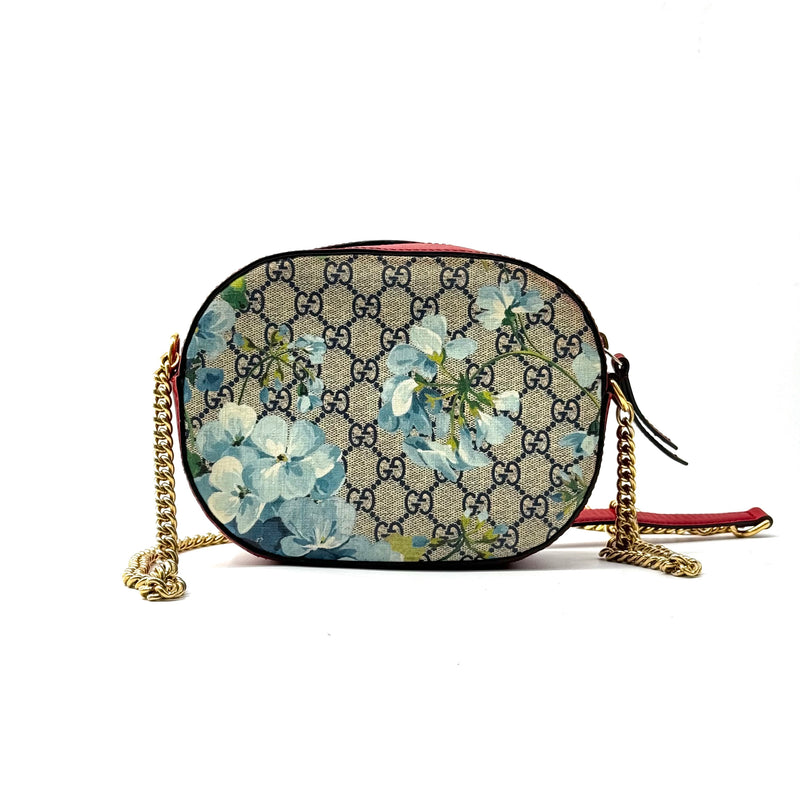 GUCCI GG Supreme Monogram Blooms Mini Chain Shoulder Bag Beige Blue Navy Hibiscus Red